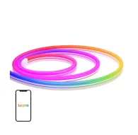 Lepro N1 3 m smart neon LED strip coiled in rainbow colors with a smartphone showing the Lepro app for app and voice controlLepro N1 3 m smart neon LED strip coiled in rainbow colors with a smartphone showing the Lepro app for app and voice control