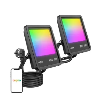 Двойной набор Lepro F1 30 W RGB smart LED прожектора, IP65 защищённый, с ярким спектром цветов на обеих лампах, кабелем и вилкой, а также смартфоном с логотипом Lepro для управления