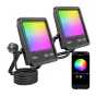 Факел Lepro F1 30 W RGB smart LED с защитой IP65, углом 100°, показан с вилкой и свернутым кабелем, рядом с телефоном, где виден приложение для управления цветом и яркостью.