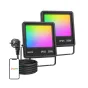 Лепро F1 50 Вт RGB‑фонарик с защитой IP65 светит ярким спектром радуги, рядом виден вилка, кабель и смартфон с логотипом Lepro, готов к использованию в садах и на подъездах.
