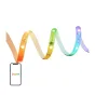 Lepro SW1 10 m Wi‑Fi Bluetooth RGBIC smart LED strip, flexible and multicolored, shown winding with vivid orange‑yellow‑green‑blue‑purple sections, paired with a smartphone displaying the Lepro app.