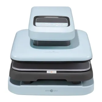 Light blue HTVRONT Auto 2 Digit Heat Transfer Press with adjustable 20–80 kg pressure, 210 °C max temperature, 4.5 cm height, includes pressing mat and Teflon sheet.