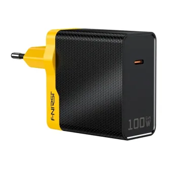 FNIRSI 100W GaN wall charger with yellow side panel, European plug and USB‑C port, compact power supply for soldering irons and fast charging.