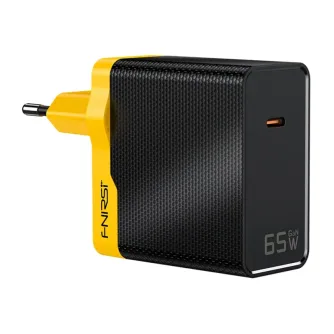 FNIRSI 65W GaN wall charger with European plug, yellow and black design, USB‑C Power Delivery