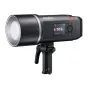 Godox AD600BMII 600 Ws battery-powered flash with Bowens mount, front view showing LCD screen at 512 power, mounted on a stand, black body with silver ring and red indicator
