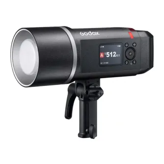 Godox AD600BMII 600 Ws battery-powered flash with Bowens mount, front view showing LCD screen at 512 power, mounted on a stand, black body with silver ring and red indicator