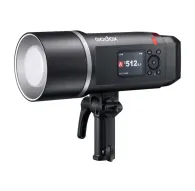 Godox AD600BMII 600 Ws battery-powered flash with Bowens mount, front view showing LCD screen at 512 power, mounted on a stand, black body with silver ring and red indicatorGodox AD600BMII 600 Ws battery-powered flash with Bowens mount, front view showing LCD screen at 512 power, mounted on a stand, black body with silver ring and red indicator