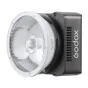 Godox ML40R compact 40 W RGB LED monolight with front circular reflector and black side housing featuring the Godox logo and ventilation slots, portable studio lighting for photography and video