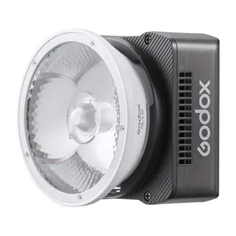 Godox ML40R compact 40 W RGB LED monolight with front circular reflector and black side housing featuring the Godox logo and ventilation slots, portable studio lighting for photography and video