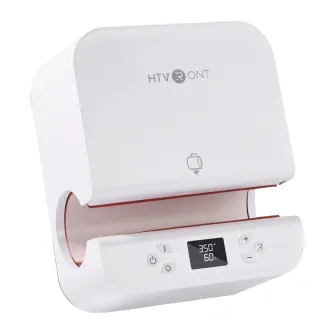 HTVRONT HPT01 Auto Mug Press white compact automatic mug press with digital display showing 350°F and 60 s, control panel with power, +/– and timer buttons, open lid revealing copper heating plate, brand logo on top