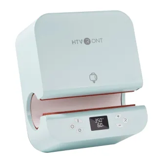 Sauležā krāsu HTVRONT HPT01 Auto Mug Press ar atvērtu kapu, redzot sudraba platuma un digitālā ekrānu 350°F un 60 s, ar pogiem temperatūras un laika iestatīšanai.
