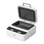 White HTVRONT H17 vacuum case press with open lid revealing black interior chamber and control panel, compact design with silver handle.
