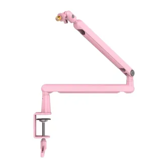 Fifine BM88 pink low‑profile microphone arm with C‑clamp, 706 mm reach, metal construction, integrated cable management and 1/4‑, 3/8‑ and 5/8‑inch thread adapters.