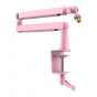 Fifine BM88 pink low‑profile microphone arm with C‑clamp, 706 mm reach, integrated cable management and 1/4‑, 3/8‑ and 5/8‑inch thread adapters.