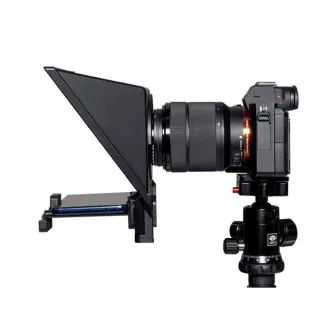 FEELWORLD TP2A 8‑inch foldable teleprompter with beamsplitter mounted on a DSLR lens, smartphone in magnetic clamp, on a tripod head