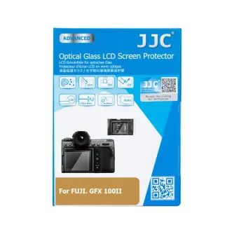 JJC GSP GFX100II Optical Glass Protector packaging for Fujifilm GFX 100II, showing a black camera with LCD screen, feature icons for 9H hardness, 95% light transmission, 2.5D edges and 0.3 mm ultra‑thin design, plus QR code and 