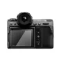 JJC GSP GFX100II Optical Glass Protector on the rear LCD of a Fujifilm GFX 100 II camera, 0.3 mm thick, 9H hardness, 95% light transmission, water‑, oil‑ and fingerprint‑resistant coating, shown with the camera’s viewfinder and 