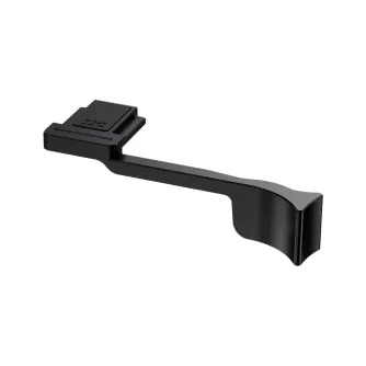 JJC TA DLUX8 Thumbs Up Grip for Leica D-LUX 8, black aluminium alloy with silicone thumb cushion, hot shoe mount, displayed against a plain white background