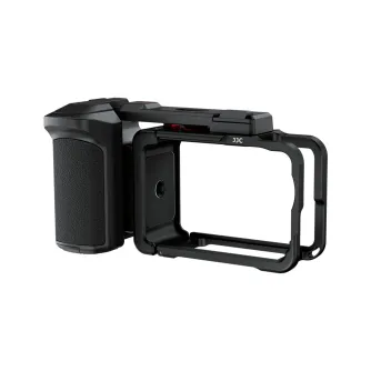 JJC SSK OA6 ScoutSnap Kit for DJI Osmo Action 6 – black aluminium cage with textured grip handle, magnetic quick‑release and adjustable shutter adapter, shown open on white background.