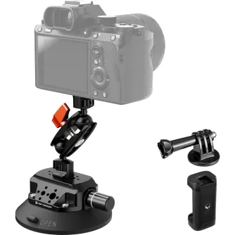 K&F Concept MS45 suhuģa su pompēm un 3 kg magic arm, iekļautas uz kameras, ar melnu pamatu, oranžo atvēršanai un 360° kroglo galvu, pie tam ir atdzerotajs su suhuģu un tālākais tālrunis.