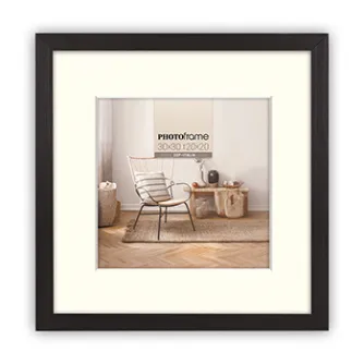 Zep Photo Frame V4530B Malmo Black wooden frame with matte finish, fits 20×20 or 30×30 cm photos, displayed with a lifestyle interior picture.