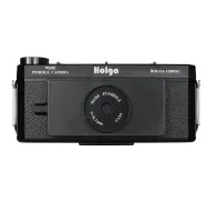 Holga 120WPC black wide panoramic pinhole camera top view, showing front face with 0.3 mm pinhole, f/135 aperture, 6×12 cm medium format film, lomography styleHolga 120WPC black wide panoramic pinhole camera top view, showing front face with 0.3 mm pinhole, f/135 aperture, 6×12 cm medium format film, lomography style