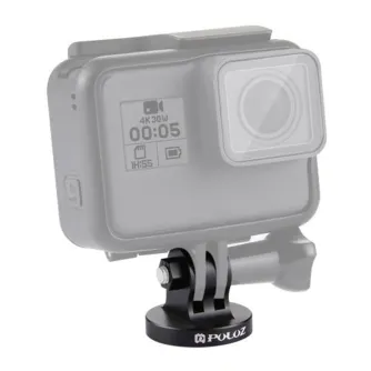 Черный Puluz 1/4 дюйм CNC монтирующий адаптер, прикреплённый к GoPro actions camera в защитном кейсе, на дисплее экрана отображается 4K 30W запись с таймером 00:05.