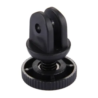 PULUZ Mini Mount ar 1/4‑polzdo šķēpa, piemērota GoPro, Insta360 un DJI akciju kamerām, kompaktā 8 g melnu plastmasas un metalu adaptācija, redzama 3,9 mm lubā un dalīta klampa.