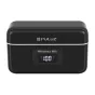 Puluz SmartLink WS300 wireless lavalier microphone charging case, black with white stripe, digital display showing 100% battery and 'Wireless Mic' label
