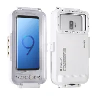 Puluz waterproof case for USB‑C smartphones, transparent front showing a phone screen with the number 9, side control buttons, and white back panel with camera cutout and 45 m depth rating.Puluz waterproof case for USB‑C smartphones, transparent front showing a phone screen with the number 9, side control buttons, and white back panel with camera cutout and 45 m depth rating.