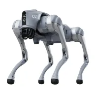 Unitree Go2 Air gray quadruped robot with four articulated legs, front view showing camera and 02 marking, standing on white background.Unitree Go2 Air gray quadruped robot with four articulated legs, front view showing camera and 02 marking, standing on white background.