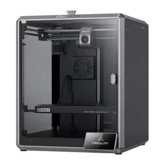 Creality K1 Max 2025 aizverta CoreXY 3D printeris ar transparentu frontu pānu, 300×300×300 mm būtisku daudzumu, AI monitoring kameras un tīvo darbību