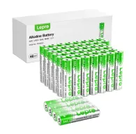 48 Lepro AAA alkaline batteries (R3) 1.5 V 1200 mAh in green and white packaging, displayed in rows beside the white Lepro box48 Lepro AAA alkaline batteries (R3) 1.5 V 1200 mAh in green and white packaging, displayed in rows beside the white Lepro box