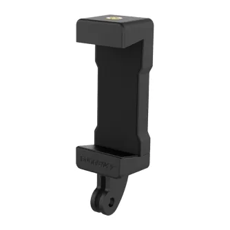 Sunnylife universal phone mount with clip, black plastic, side view, top and bottom 1/4‑inch threads, fits phones 63–102 mm, brand name embossed
