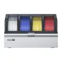 QiDi Box multi‑filament system for Max 4, a silver enclosure with a clear lid holding four spools of white, blue, yellow and red 1.75 mm filament for multicolour 3D printing.