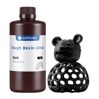 ANYCUBIC Tough Resin Ultra melna 1 kg bokalis pie melno 3D‑printēta zibens ar ļaujamā kūlu