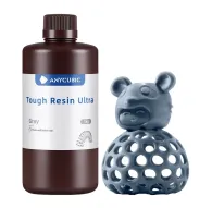 ANYCUBIC Tough Resin Ultra gray 1 kg bottle beside a gray 3D‑printed bear with honeycomb lattice, highlighting flexible, impact‑resistant photopolymer resin for LCD/DLP printers.ANYCUBIC Tough Resin Ultra gray 1 kg bottle beside a gray 3D‑printed bear with honeycomb lattice, highlighting flexible, impact‑resistant photopolymer resin for LCD/DLP printers.
