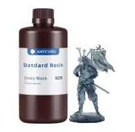 ANYCUBIC Standard Resin 1 kg bottle of Smoky Black photopolymer resin beside a finely detailed 3D printed samurai figurine, showcasing high‑detail prints for LCD/DLP printers.ANYCUBIC Standard Resin 1 kg bottle of Smoky Black photopolymer resin beside a finely detailed 3D printed samurai figurine, showcasing high‑detail prints for LCD/DLP printers.
