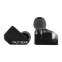 TRUTHEAR Pure melni wired in-ear glabājušas, pirmsējā skats ar tekstūru paneli un marķe, pēdējā ar silikonu dzērnu un divām kapucēm