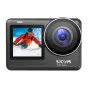 Black SJCAM SJ11 Active action camera with large 154° lens, dual HD screens, waterproof case, showing a skier in orange on its display, compact 108 g design for 4K video and 20 MP photos.