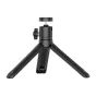 Melnais SJCAM foldable tēvju stativs ar trīs labi, kulkuma virzienu un pēdienu knūnu, kompaktā dizaina, piemērota akcijas kamerām, par kātu no koka.