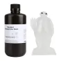 ELEGOO Standard 1.0 semi‑transparent UV resin bottle with black cap beside a translucent white 3D printed Baymax figurine, showcasing the resin’s semi‑transparent quality for LCD/DLP printing.