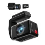 RETDIGER F4 Pro 4K front and 1080p rear dash cam with illuminated front lens, red power button on the side, rear camera module attached, and a 128 GB memory card included in the kit.