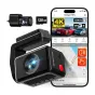 RETDIGER F4 Pro dual-channel dash cam with 4K front lens, 1080p rear camera, 128GB memory card and Wi‑Fi 6 connectivity, displayed with its rear module and smartphone app showing live video and map.