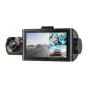 WOLFBOX i07 3‑camera dash cam with 2.5K front lens, 1080p interior and rear cameras, WiFi, GPS, 3‑inch IPS screen showing road, cabin and rear views, detachable camera module with IR LEDs