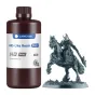 ANYCUBIC ABS-Like Resin Pro 2 Gray 1kg bottle next to a detailed knight figurine, showcasing high‑detail 3D printed model made with photopolymer resin for LCD/DLP printers.