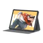 HUION Kamvas Pad 12 graphics tablet in a dark grey folio case, screen displaying an anime character with blue hair holding a stylus, 12.2‑inch 2K display