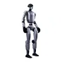 UNITREE G1 Edu U2 humanoid research robot ar sudrabu ķēni, melnu glavoņiem un sapņiem, stājuši uz baltu laukā, izskatot 43 ģērboņu sliežu un kompaktu dizainu.