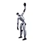 UNITREE G1 Edu U2 humanoid research robot ar 43 ģērboņiem, sudraba ķērņa, melni glābes, uz baltu laukā, labā roka uzvērts