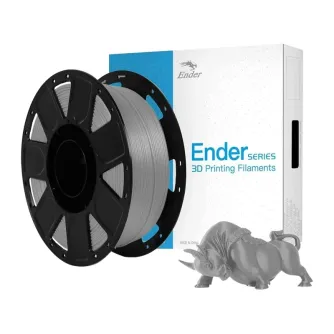 Creality Ender-PLA zili (gray) materiālas šķērslīnija, 1 kg vakuumtīrīta, 1.75 mm diametrs, FDM printeriem piemērota, parādīta ar pakete un izkvaistu bultu figūru.